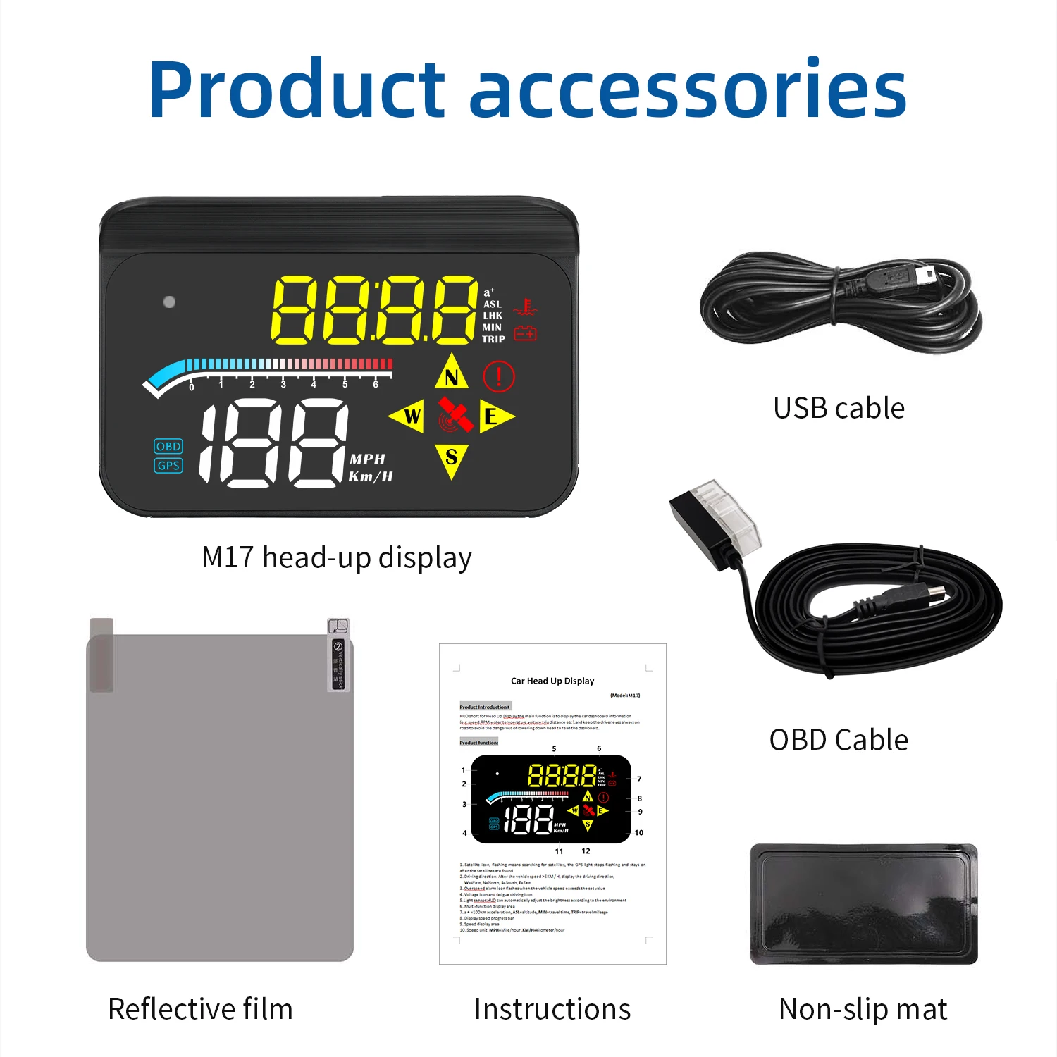 Projecteur de vitesse de pare-brise de 3.5 pouces M17 HUD OBD + GPS, double système de température de l'eau, alarme de sécurité de survitesse, accessoires électroniques automobiles