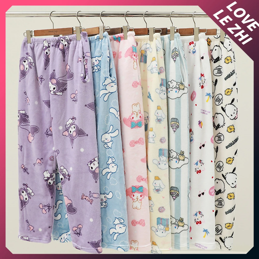 

Sanrioed Anime Hello Kittys Flannel Pajamas Pants My Melody Cinnamoroll Fashion Womens Kawaii Cartoon Casual Home Pants