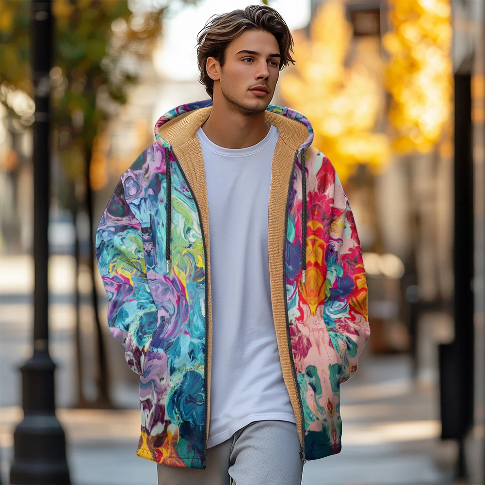 

Man winter clothing, New in Down Coats, Multicolor contrast color graffiti cotton-padded jacket clothing, feather pocket zipper