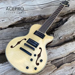 7 String Electric Guitar F holes Semi Hollow Body, Natural Color Flame Maple Top, Black Locking Tuners, Guitarra