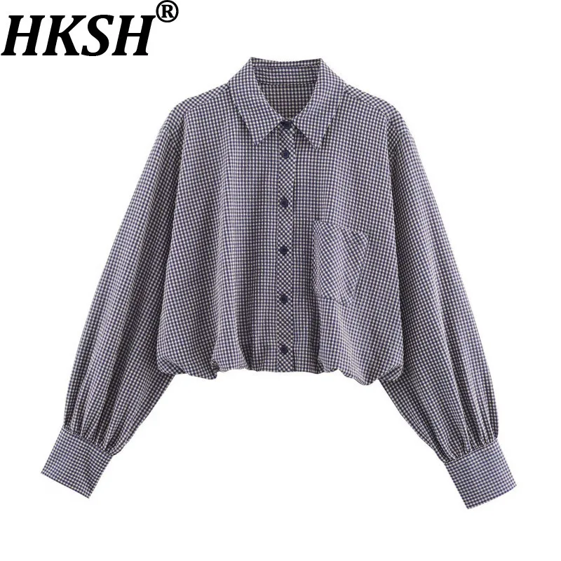 

HKSH весна осень новая женская рубашка однобортная с длинным рукавом с отложным воротником элегантная шикарная клетчатая блузка Y2K Ins топы HK15806