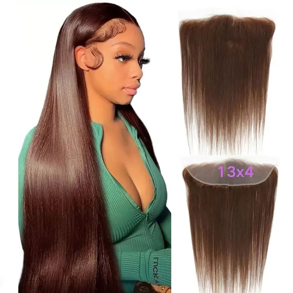 4 #   Schokoladenbraune Farbe, glattes, transparentes 13x4 Lace Frontal Closure, unbehandeltes Echthaar, seidig glatt # 4 Verschlüsse