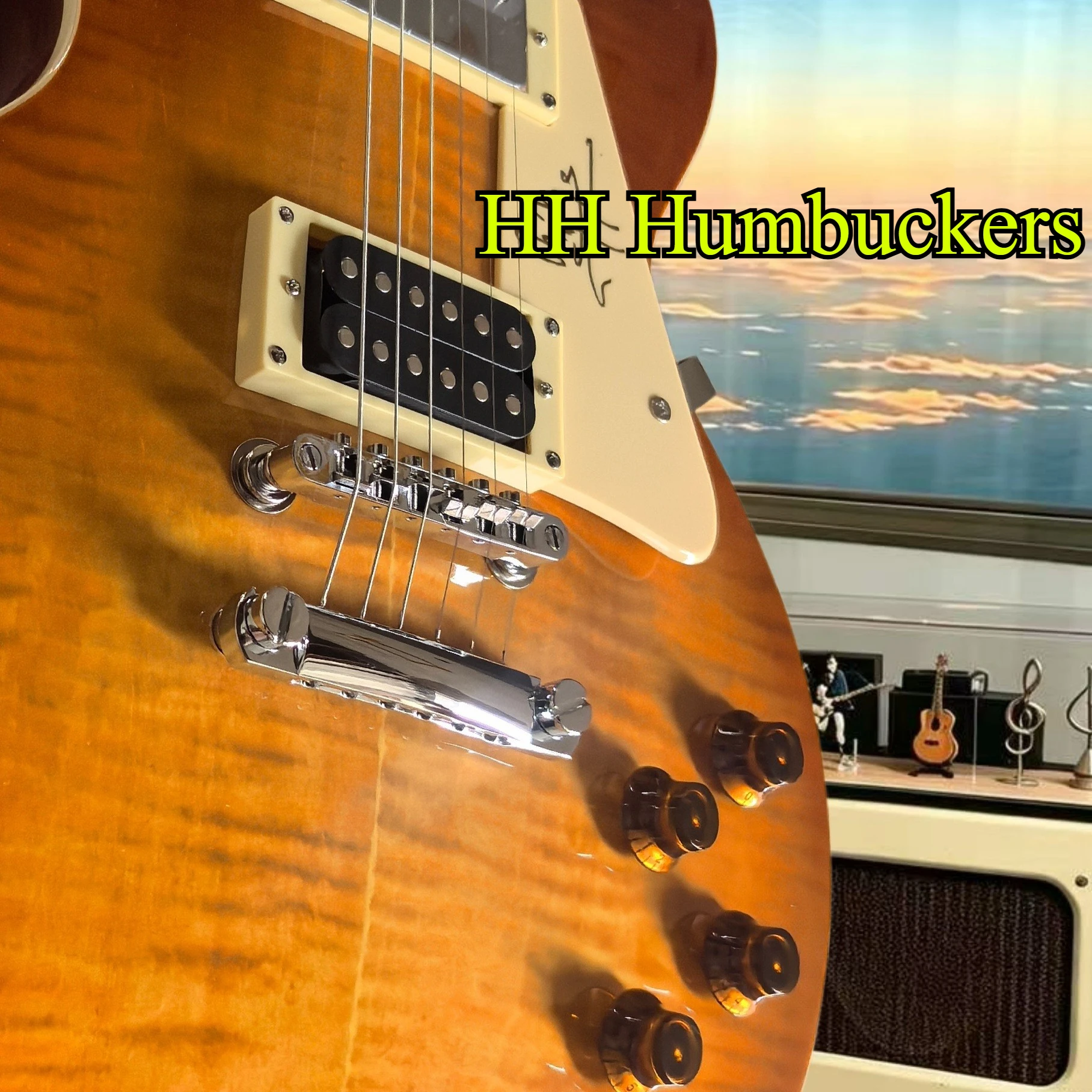 Amber Tiger Flame LPTY Signature Electric Guitar HH Covered Humbuckers Cream Signature Pickguard White Binding Chrome Hardware,