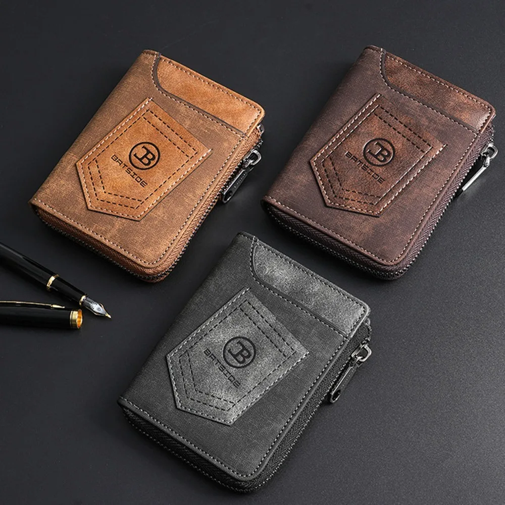 

Simple Classic Men's Short Wallet Anti Theft Pu Leather Male Bifold Wallets Solid Color Zipper Closure Coin Pocket Daily