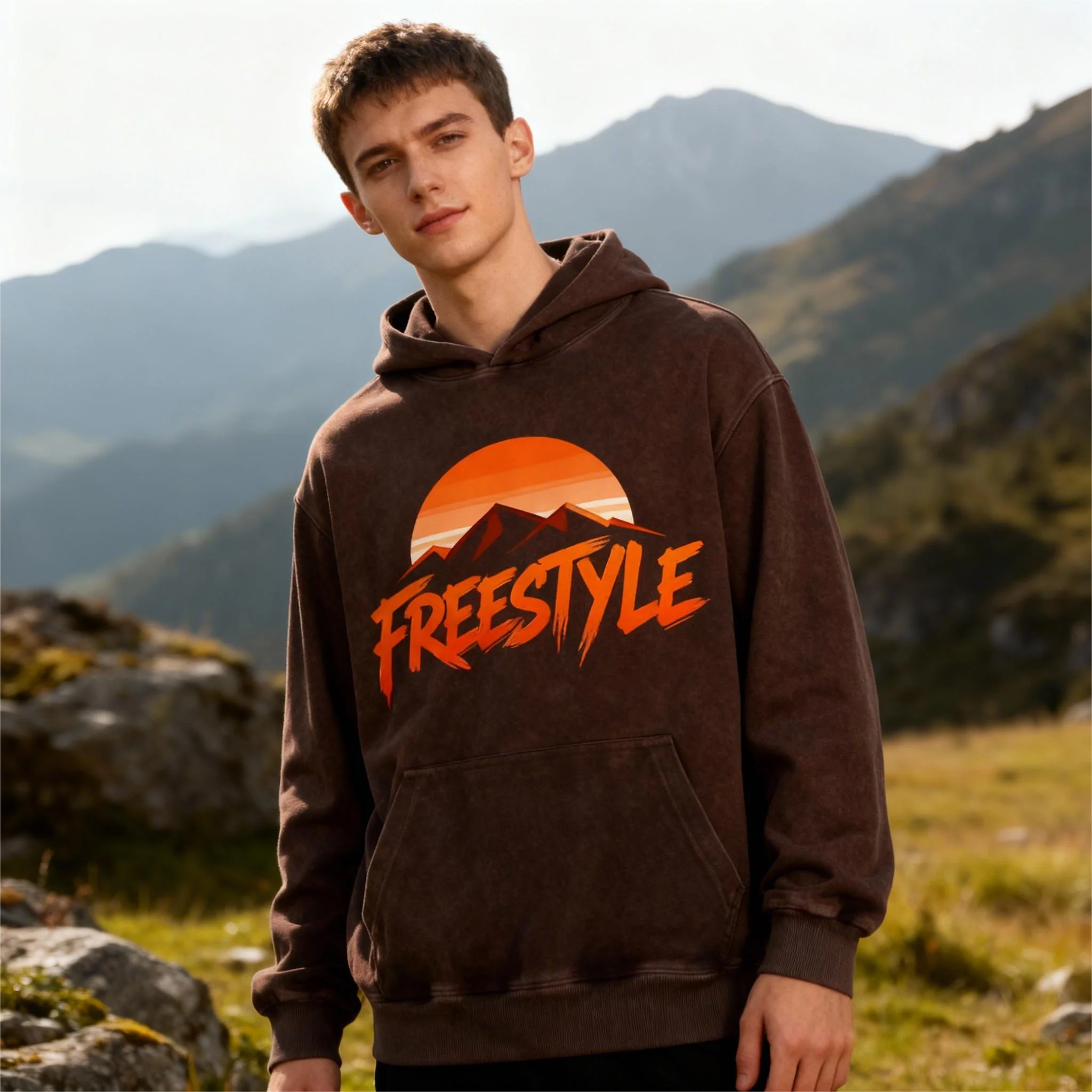 Bluza z kapturem z nadrukiem w stylu outdoorowym z motywem górskim na zamówienie | Prany / Vintage / Barwiony w ubraniu | bluza unisex | Sweter