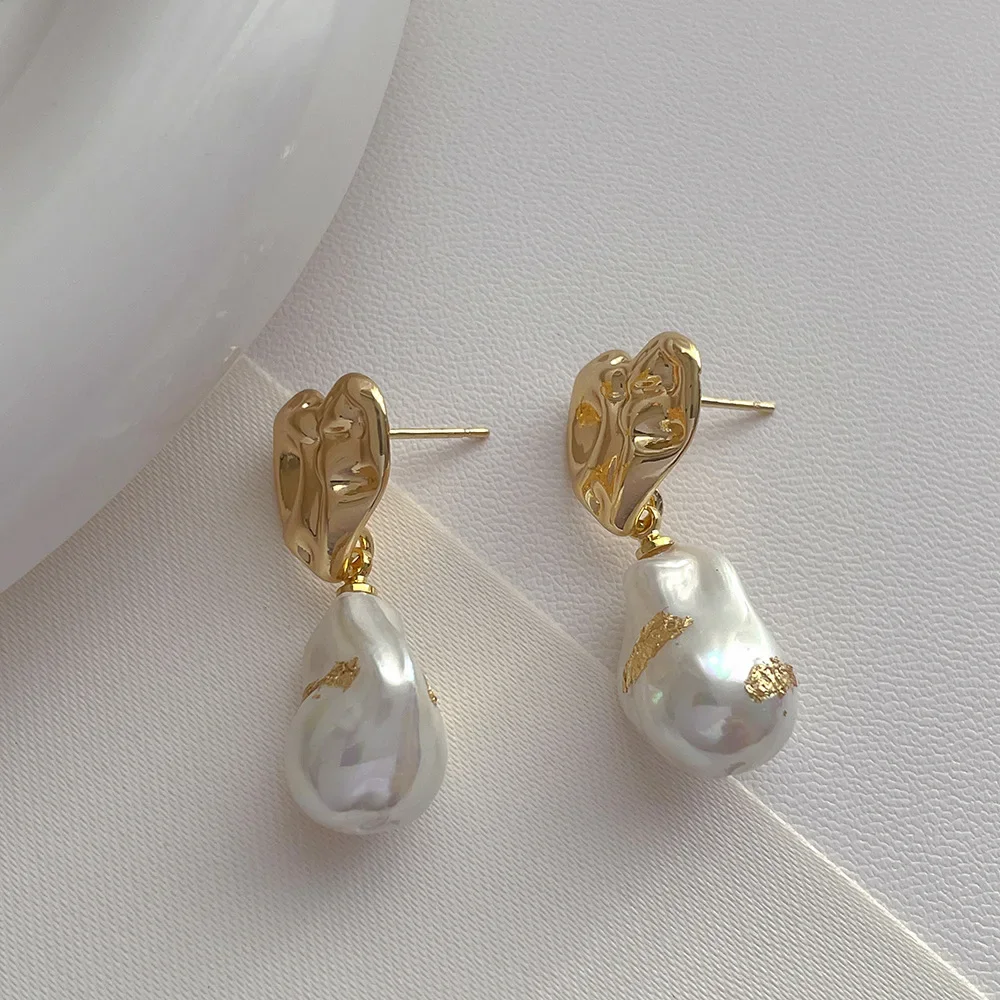 Minar Unusual White Grey Color Irregular Baroque Pearl Drop Earrings Real Gold Silver Plated Brass Heart Earring For Women