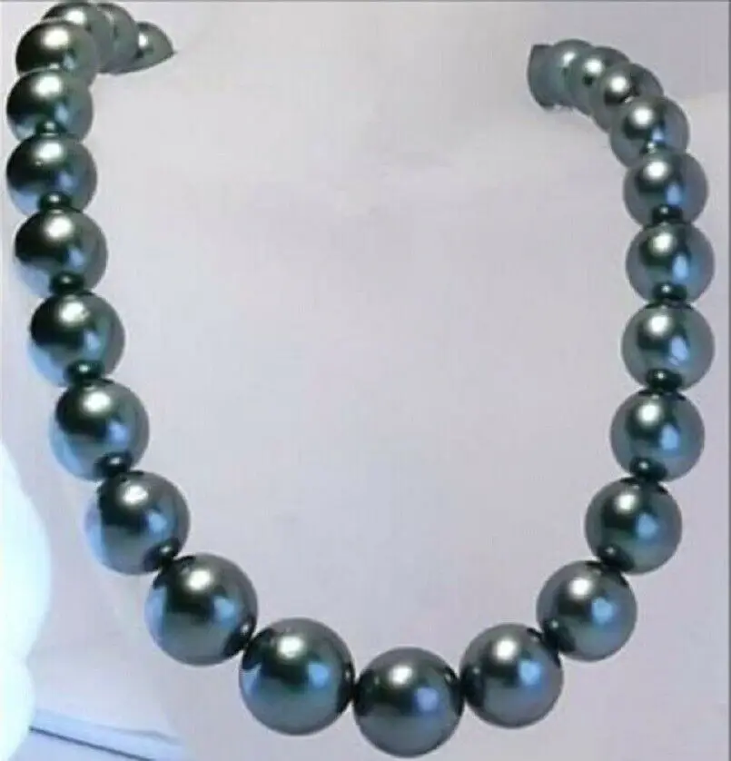 

AAAA+ 12-14mm REAL natural ROUND TAHITIAN black blue pearl necklace 14k Clasp