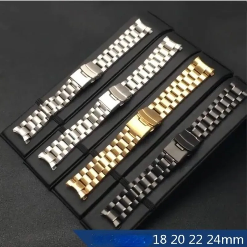 

Ремешок для часов из нержавеющей стали с изогнутым концом 18 мм, 20 мм, 22 мм, 24 мм, сменная пряжка с двойным замком для универсального аксессуара для браслета для часов