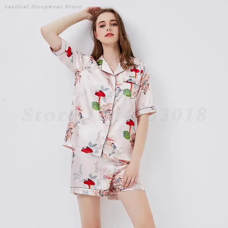 

Short Sleeve Shorts Pijamas Suit Summer New Female Sleepwear Print Flower Pajamas Set Loose Silk Satin Home Clothes Loungewear