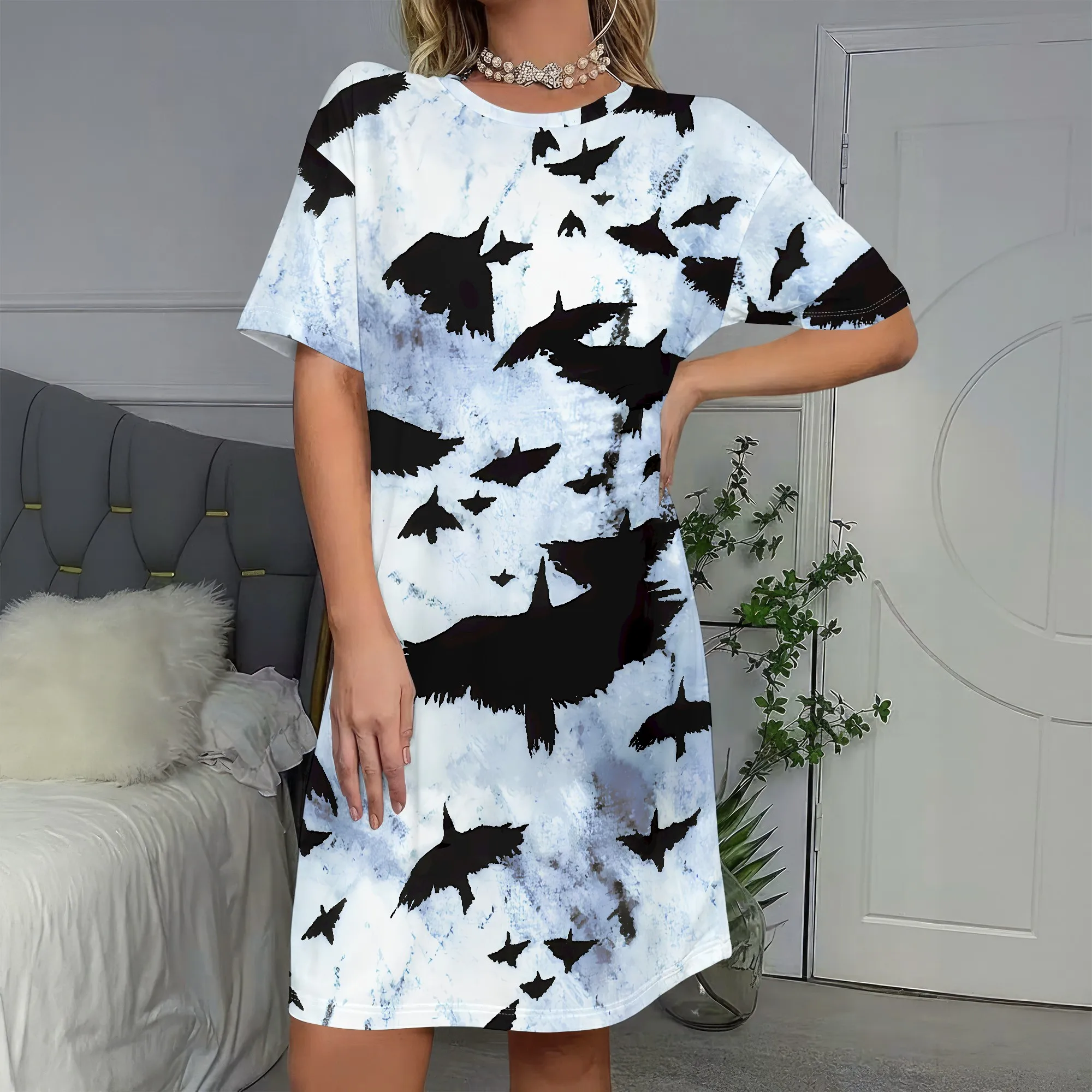 

Crow Print, T-Shirt Dress, Gothic Style, Bat Silhouette, Oversized Fit, Casual Wear, S-2XL