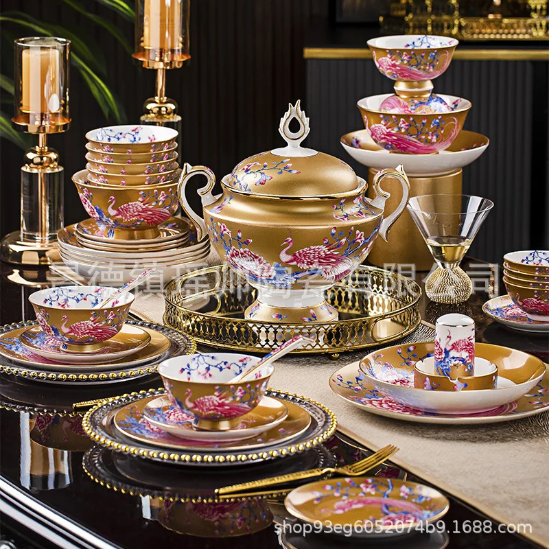 HYS Dish Set Household Tableware Set Light Luxury High-end Bone Porcelain Household Set Gift Tableware