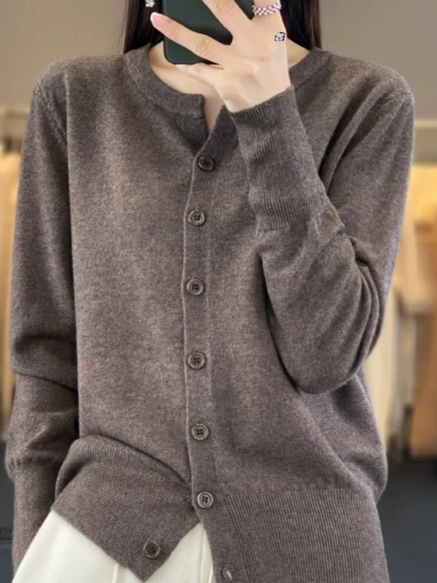 

Женский вязаный кардиган Ele Pure Color с длинными рукавами, круглым вырезом, базовый, осенний, модный, для повседневной носки