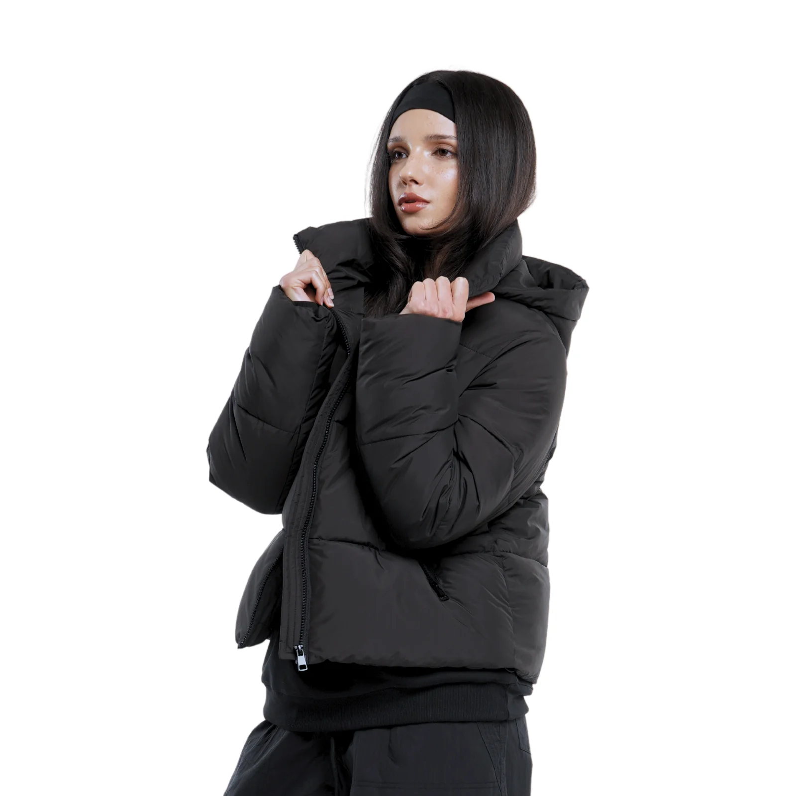 Women Winter Puffer Jackets with Removable Hood Zip Pockets Stand Collar Warm Ladies Quilted Coat