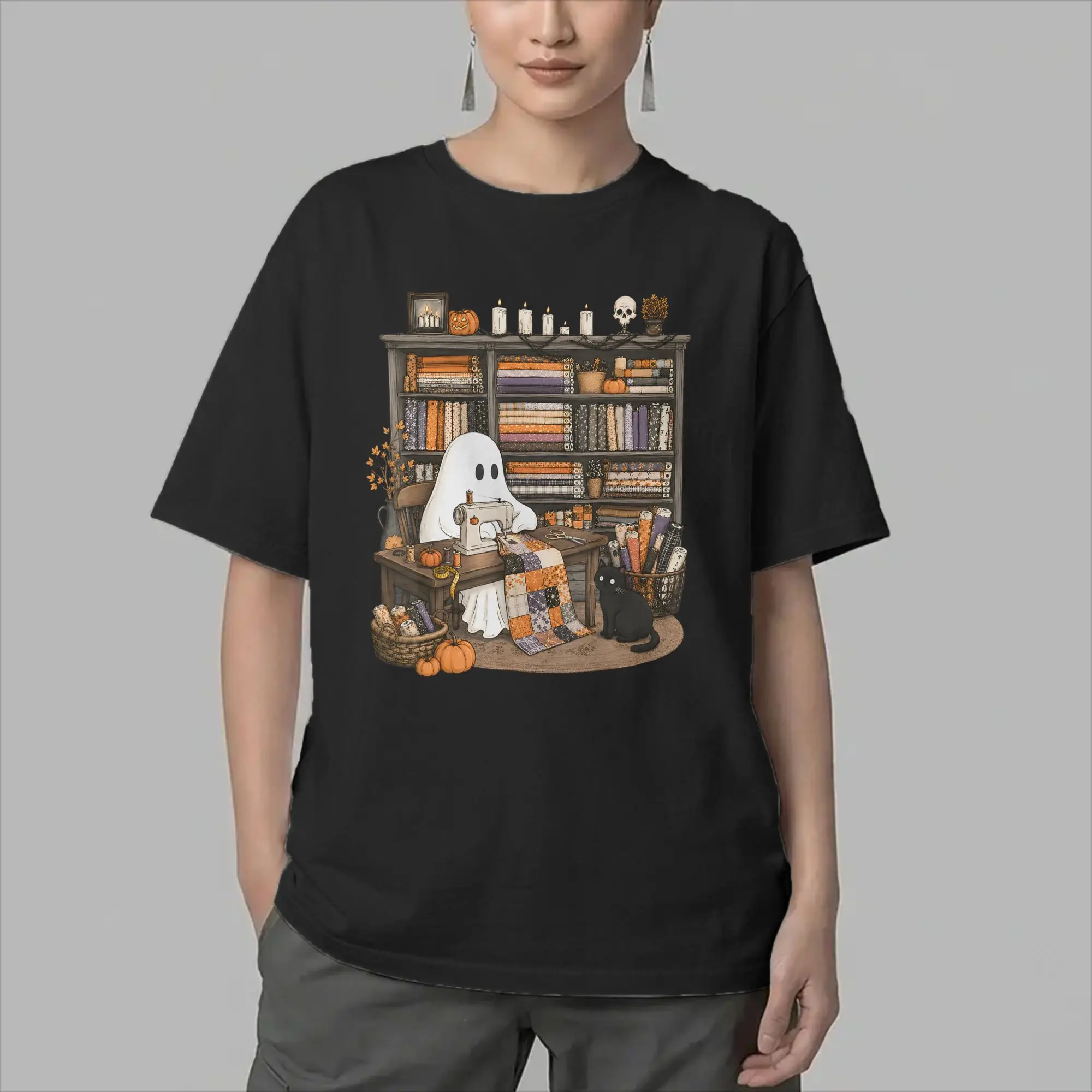 Sewing Quilting Vintage Halloween Ghost Cat Quilter T Shirt for Men 100% Cotton Crazy T-Shirt O Neck  Tees Short Sleeve Tops 6XL