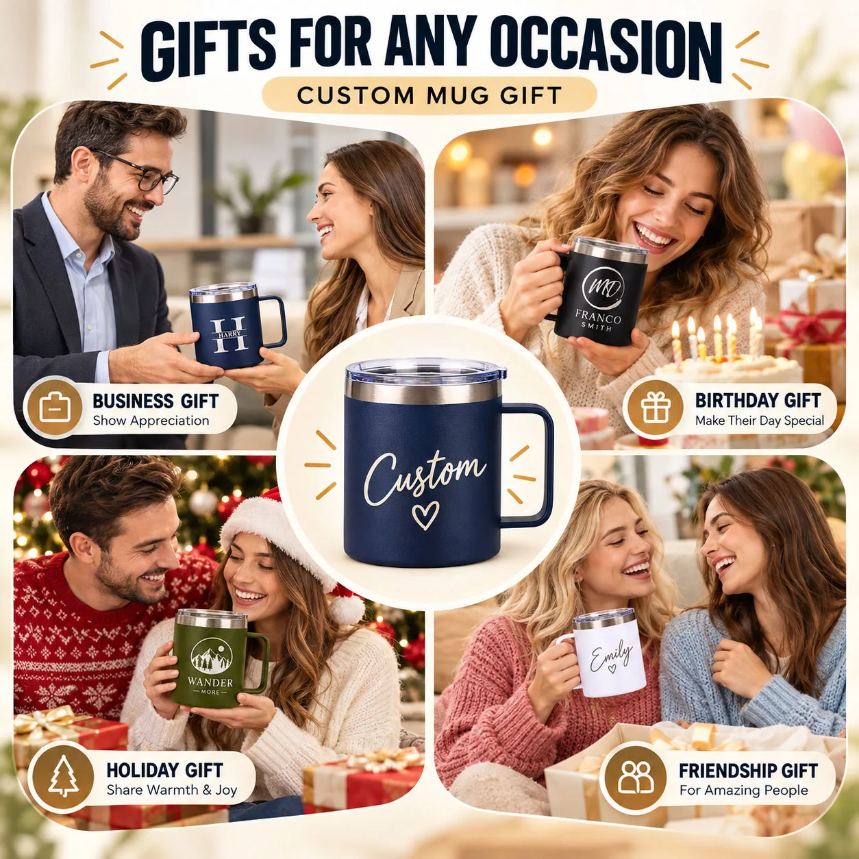 Custom Logo Coffee Mug 12oz Stainless Steel Insulated Cup with Handle and Lid for Corporate Gifts Employee Client Bulk Orders
