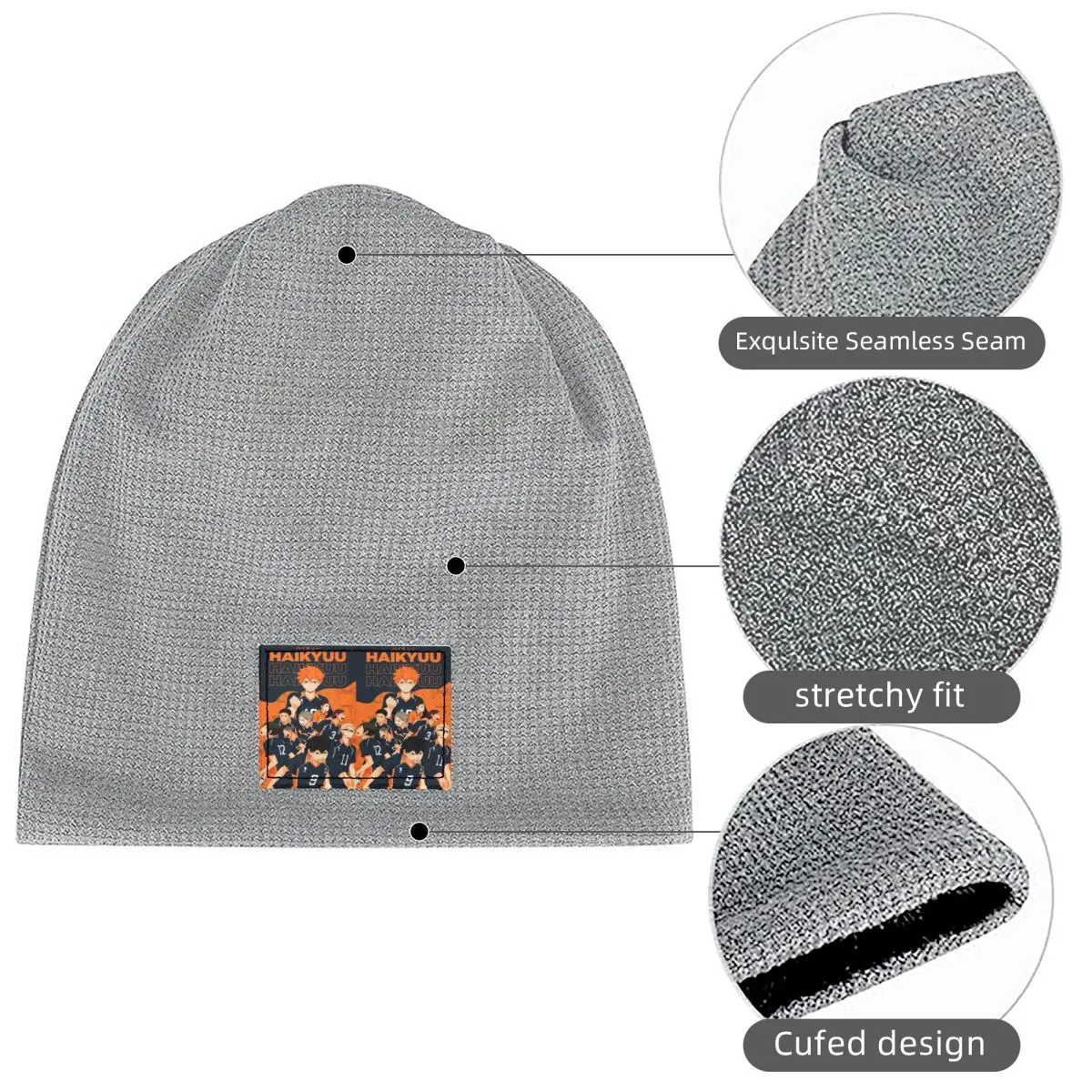 Anime Haikyu Cartoon Manga Waffle Knit Fleece Lined Beanie with PU Leather Patch Unisex Warm Winter Soft Cap