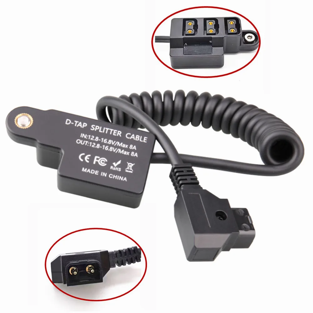 Male D-Tap Power Tap to 3 Female P-Tap Hub Extension Adapter Spring Cable with Screen for V-mount Battery & Devices