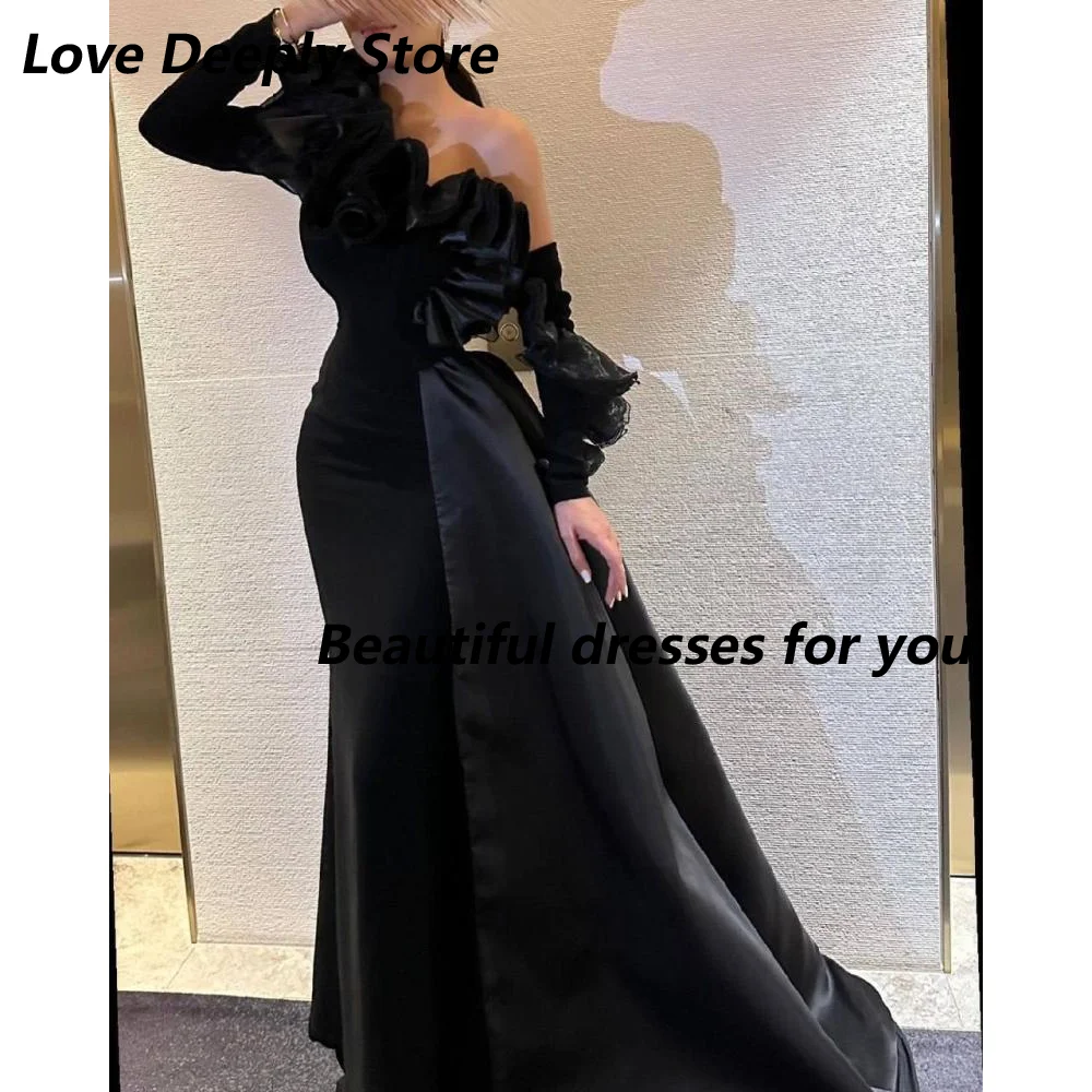 

One Shoulder Black Evening Dress Customized Long Sleeves Ruffles Prom Dress Jersey Satin Mermaid Saudi Arab Formal Occasion Gown