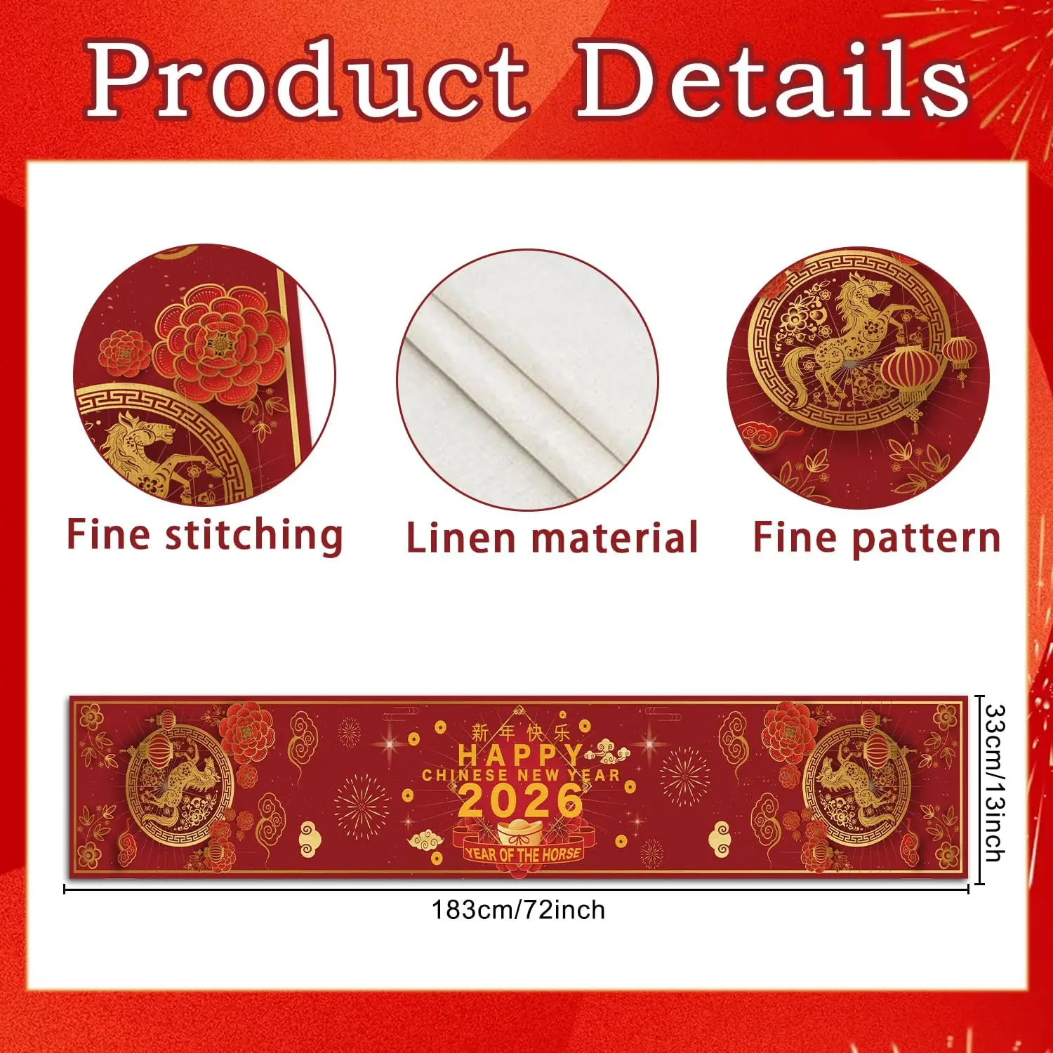 السنة الصينية الجديدة الكتان الجدول عداء ديكور الحفلات 2026 الحصان موضوع الأحمر الذهب المطبخ طاولة طعام عداء القمرية السنة الجديدة الزينة