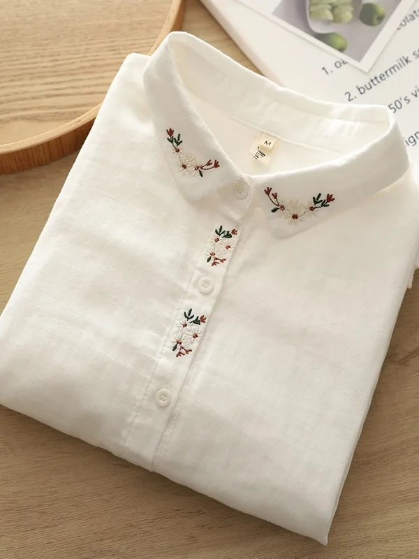 

Japanese Sle Embroidered Cotton irt Women's Casual Long Sve Spring Faionable Loose Fit Breathable Comfortable