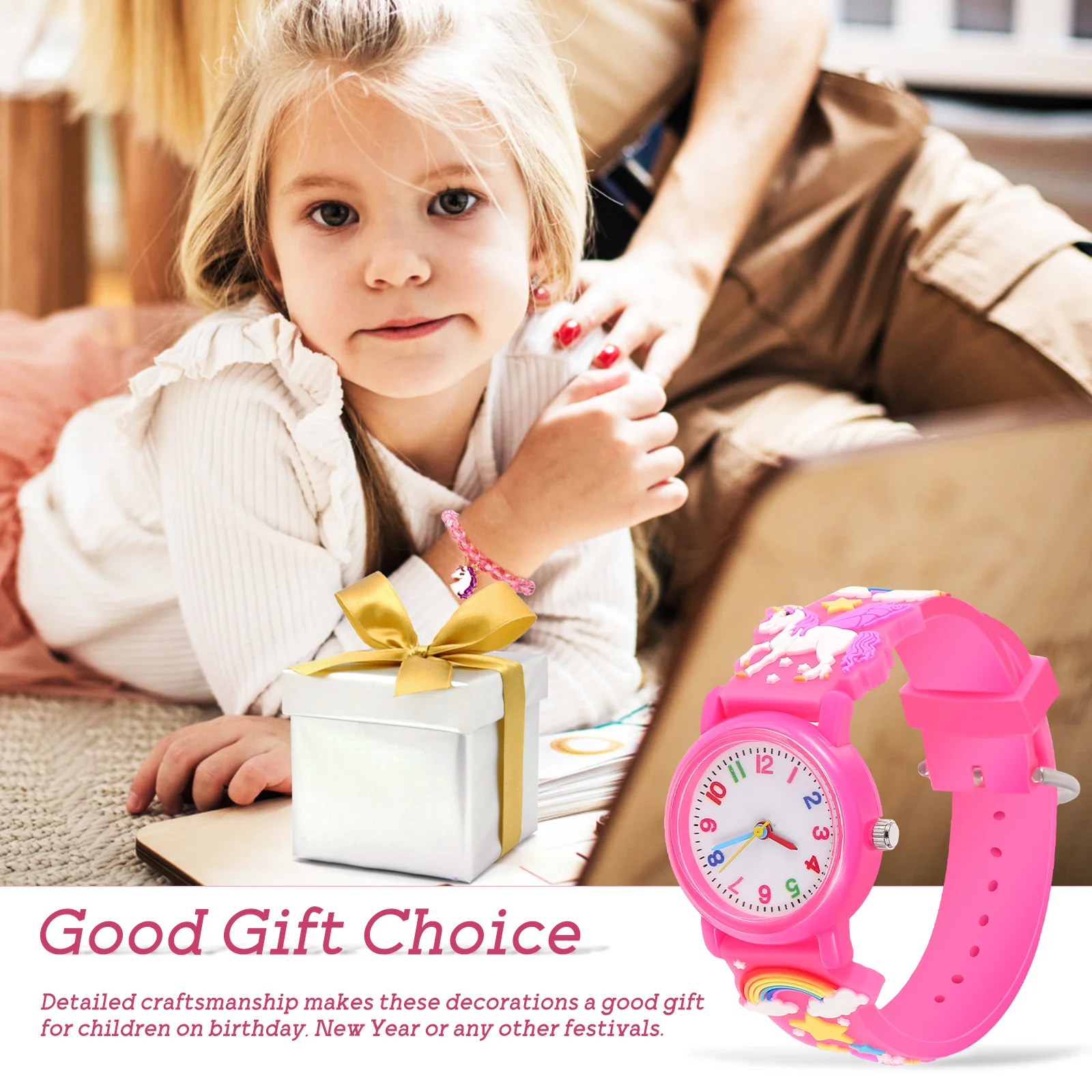 1Set Pink 's Unicorn Watch Bracelet Cartoon Beaded Bracelet Wristwatch Digital Analog Gift Set Unicorn Watch