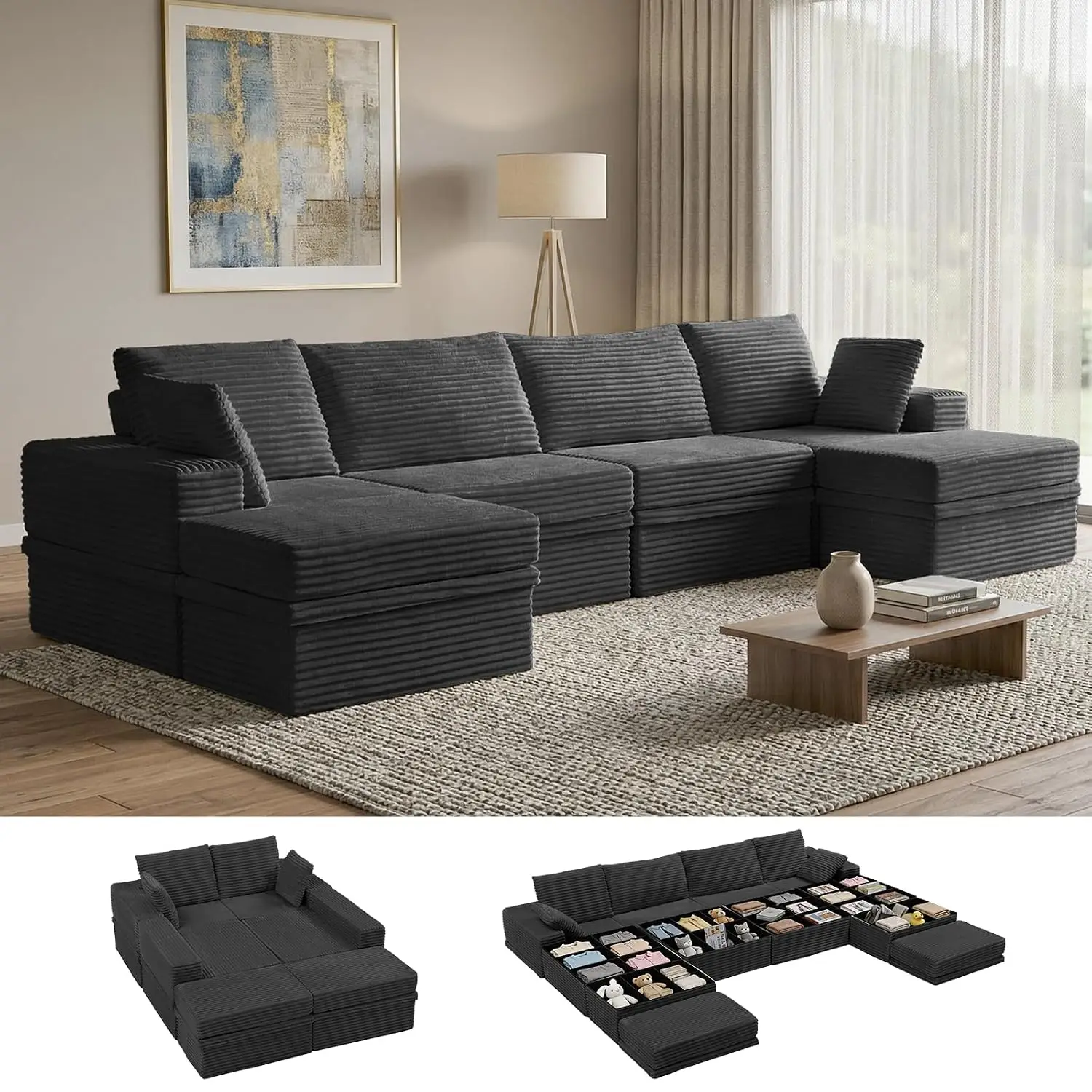 142'' Modular Sectional Sofa Deep Seat with Storage, Customized