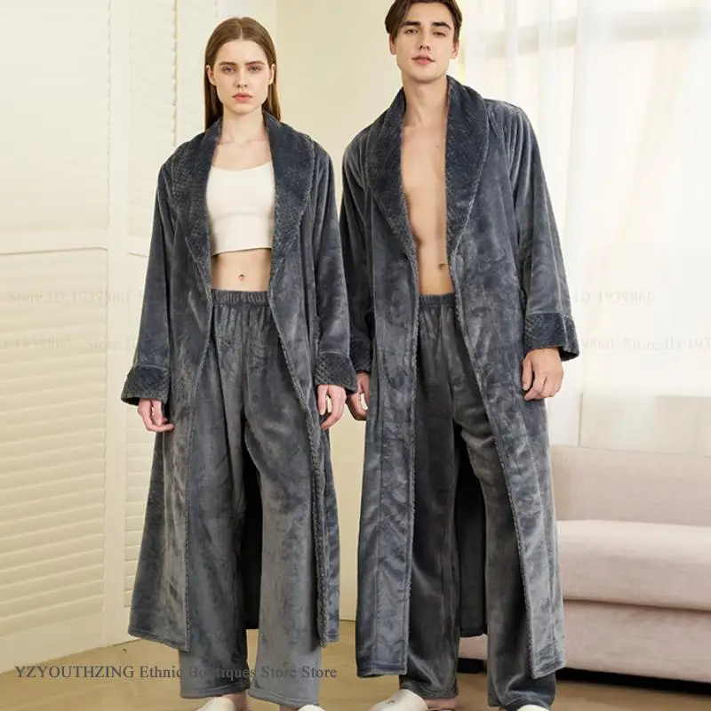 

PLUS SIZE Flannel 2PCS Long Robe Pajamas Set Couple Sleepwear Winter Thicken Coral Fleece Men Bathrobe Home Clothes Loose Pijama