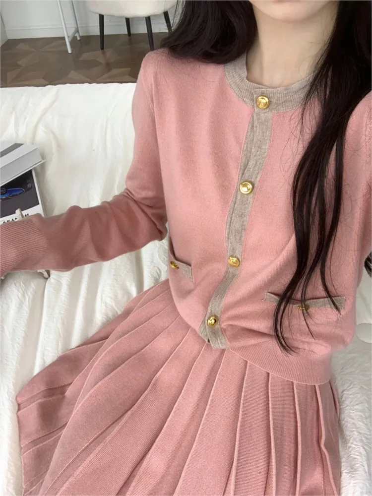 Korean Fashion Knitted Two-piece Skirt Set Women Single Breasted O-neck Top Pleated Mini Skirt Autumn Elegant Outfits Knitwear