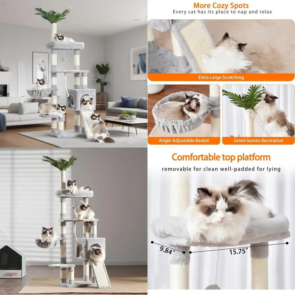 

Indoor Cat Tower, 65.4 Multi-Level Condo with Perches, Basket, Feeding Station, Plush Furniture, Scratching Posts, Light Gray HC