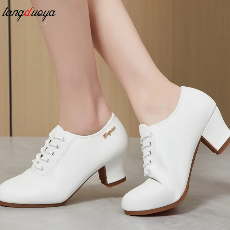 Modern Square Dance Shoes for Women Genuine Leather Soft Bottom Latin Dancing Shoes Rubber Sole Comfortable Teacher Shoes ﻿