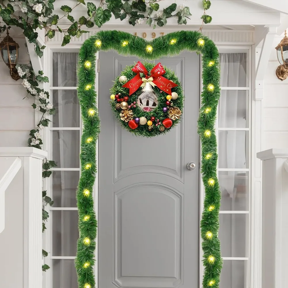 Christmas Decor Artificial Rattan Pine String Lights 50LED with Lights Simulated Wreath Decor Greenery Hanging Ornament