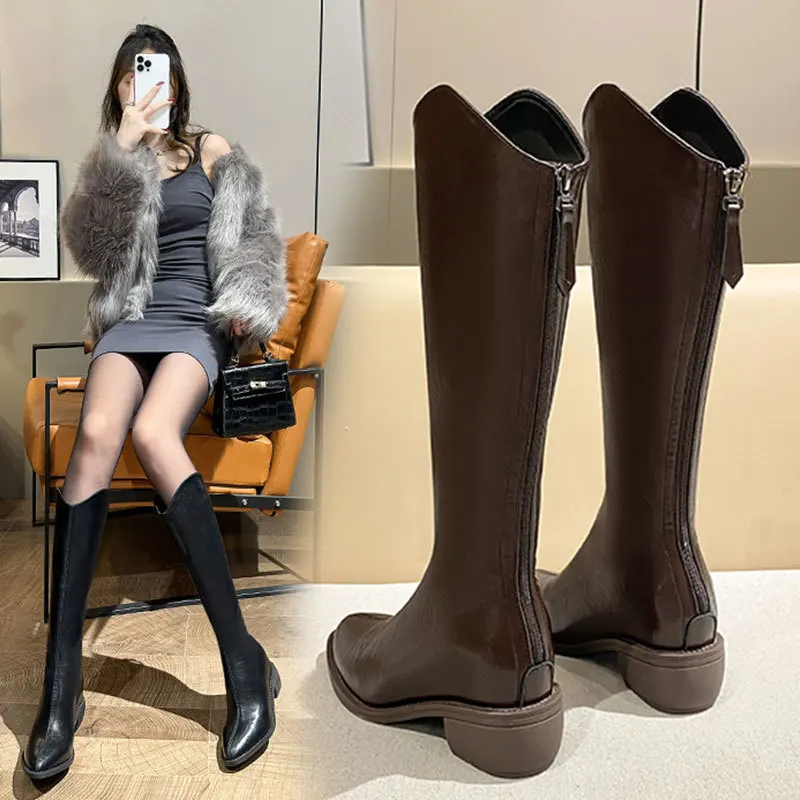 Rear Zipper Coarse Following V-mouth Women Long Boot Fleece-Lined Winter Shoe High Heel Pointed Toe Knight Boot for Cold Weather
