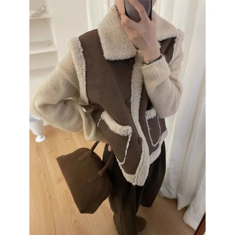 

Imitation Suede Vest for Women Autumn Winter Casual Splicing Plush Fur One-piece Black Short Jacket Single Breasted Sleeveless