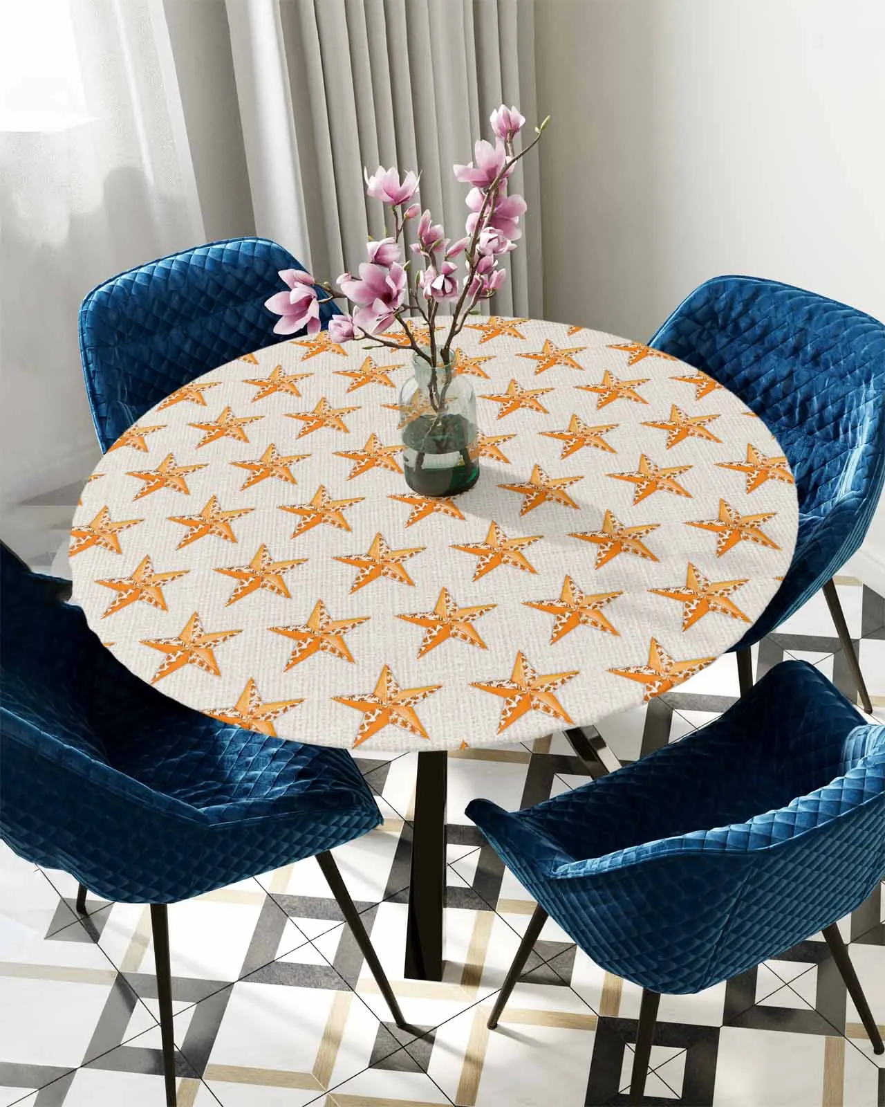 

Autumn Orange Maple Leaf Pentagram Texture Round Elastic Edged Table Cover Protector Cloth Waterproof Fitted Tablecloth