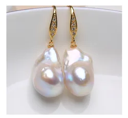925 sterling silver Zircon inlaid 100% Natural Freshwater Baroque Pearl Drop Earrings INS Fine Jewelry Gift for Women 15-25mm EQ