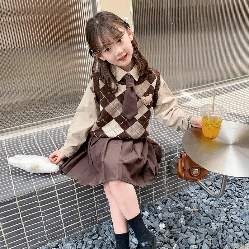 

Korean Kids Girls Tops Shirt Vest Sweater and Short Skirt Sets 1 To 10 Years Toddler Child Fashion Student Clothes 3 Piece Suit