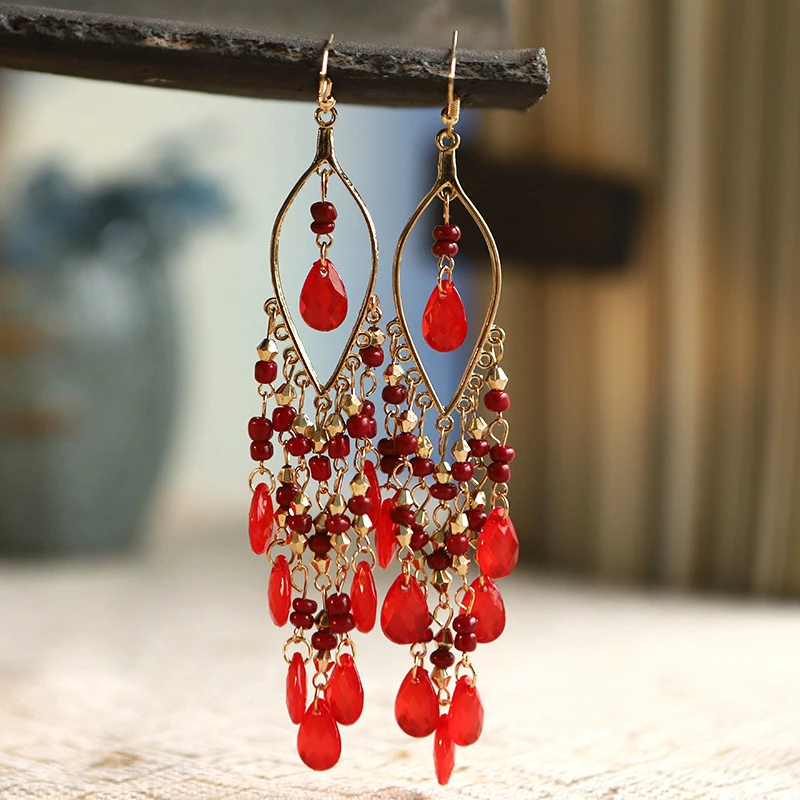 Ethnische Lange Acryl Wasser Tropfen Ohrringe für Frauen Retro Boho Gold Farbe Hohl Quaste Ohrringe Bijoux Femme Zubehör – Detail 11