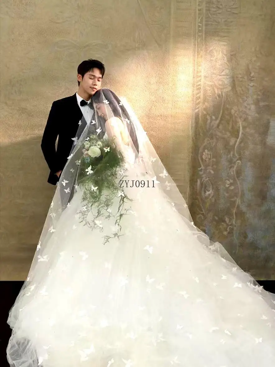 Свадебное белое трехмерное вуаль-бабочка, основное свадебное платье, тяжелая промышленность, жемчужная роскошная мягкая пряжа большого размера со шлейфом