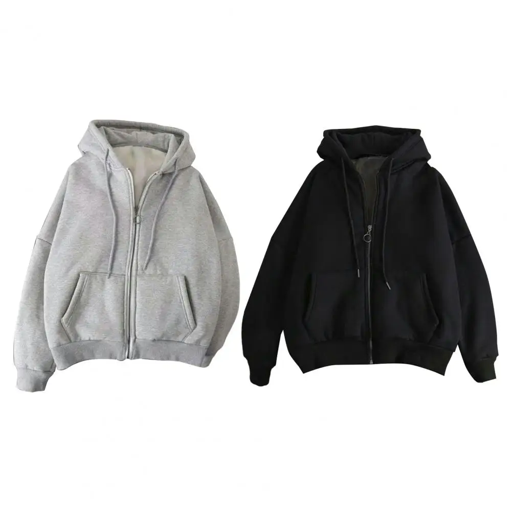 Men Hoodie Thick Plush with Drawstring Pockets for Fall Winter Zip-up Long Sleeves Elastic Cuff Coat