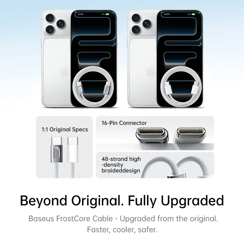 【جديد】كابل Baseus بقوة 100 واط من نوع USB-C لهواتف آيفون 17 و16 و15 بلس برو ماكس، كابل شحن من نوع C إلى C لأجهزة ماك بوك برو وآيباد PD - 5