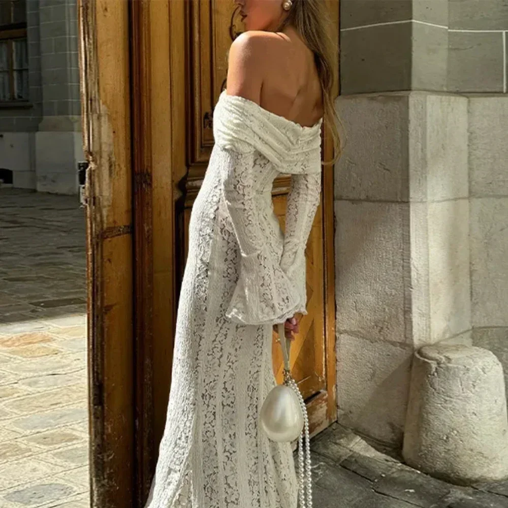 Abito lungo slim a maniche lunghe svasato con spalle scoperte bianche Abito lungo da donna con sirena scavata fino al pavimento Abiti eleganti femminili