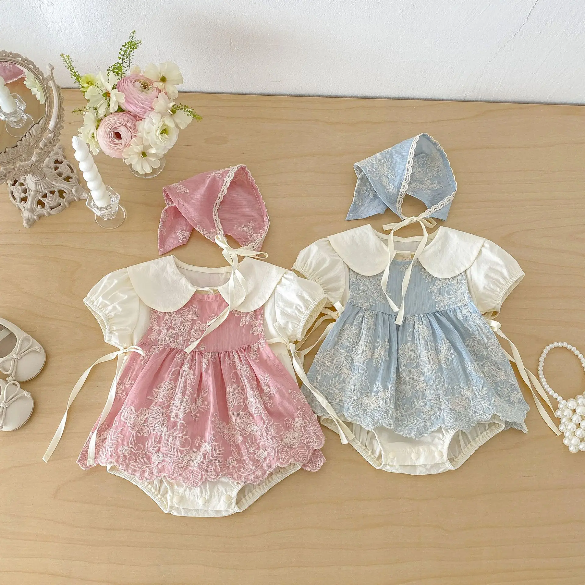 2026 Summer New Baby Girl Solid Lapel Short Sleeve Bodysuit + Sweet Princess Vest Dress + Hat 3pcs Suit Infant Toddler Outfits