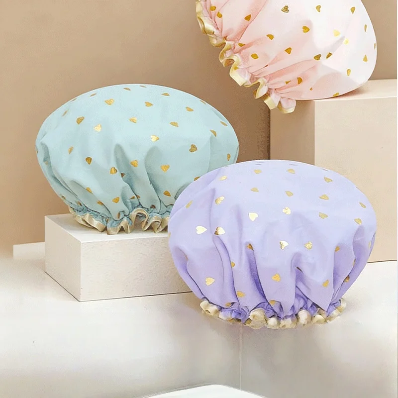 Reusable Waterproof Shower Cap With Golden Heart Print Soft Elastic Ruffle Trim Hair Cover For Bathing Makeup Spa Travel
