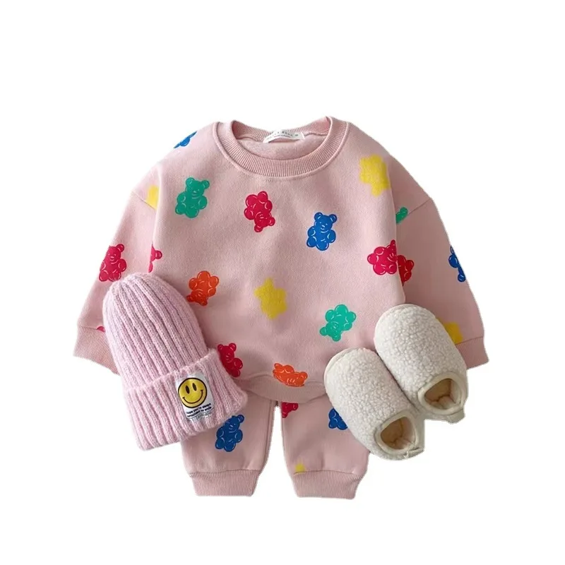 2024 Autumn New Baby Clothes Set Cute Colorful Bear Print Sweatshirt Set For Boys Girl Casual Pants Outfits Children 2pcs Suit