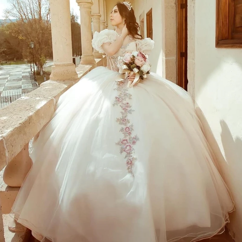 Lorencia 2024 Beige Off Shoulder Quinceanera Dress Applique 3D Floral Lace Beads Corset Sweet 16 Gown Vestidos De 15 Años YQD633