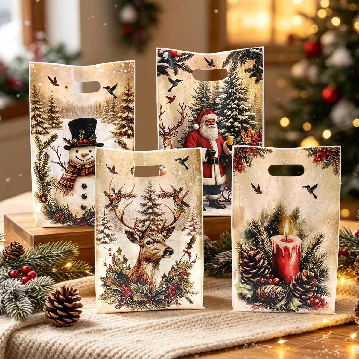 10/20/50 Stück Retro Weihnachtsgeschenktüten 4 Stile Landhaus-Thema Santa Süßigkeiten-Tragetasche Winter-Feiertagsparty-Dekorationen für Zuhause 2026 – Detail 4