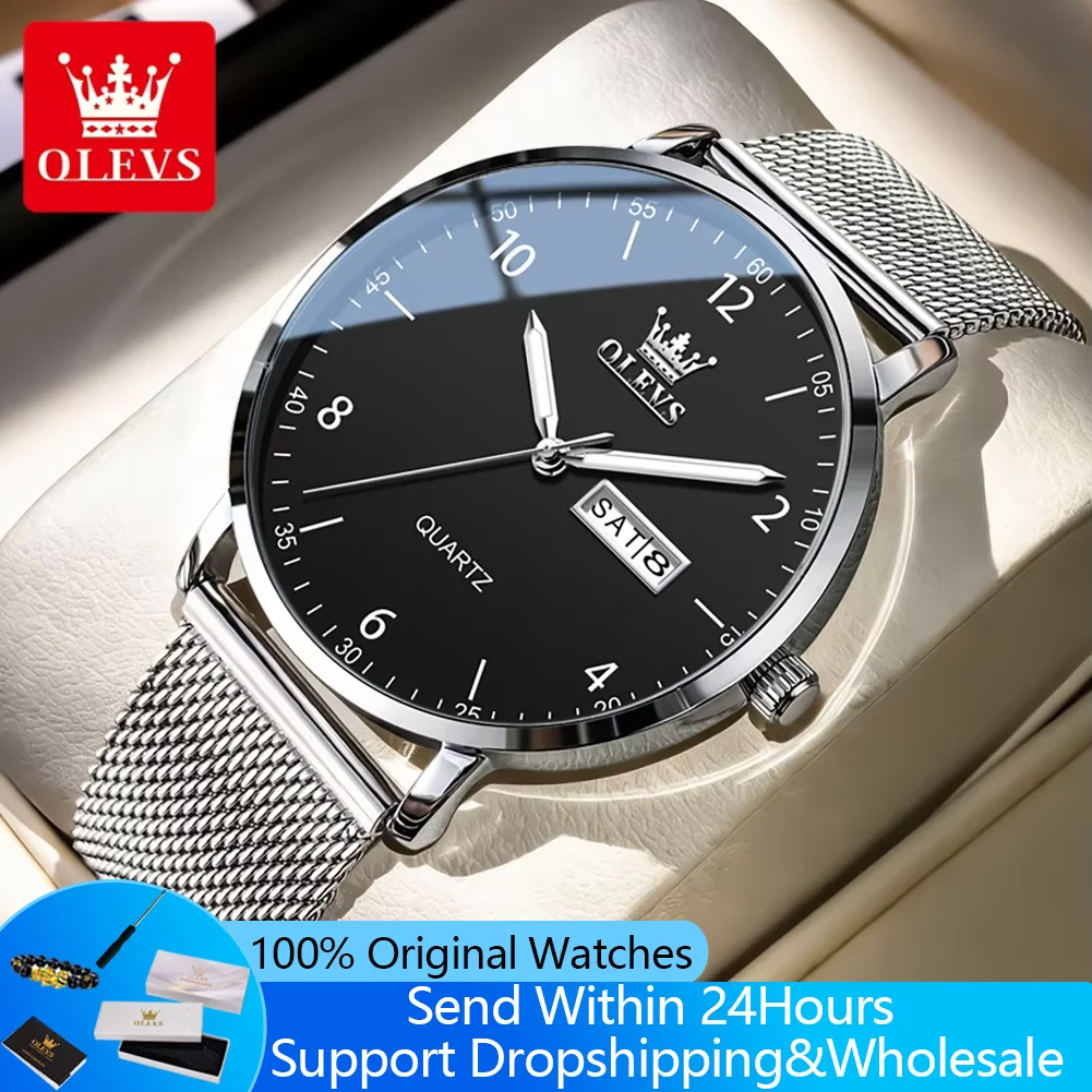 OLEVS 2996 Minimalist Quartz Watches for Men Dual Calendar Waterproof Night Light Men's Dresses Wristwatches Original Man Watch