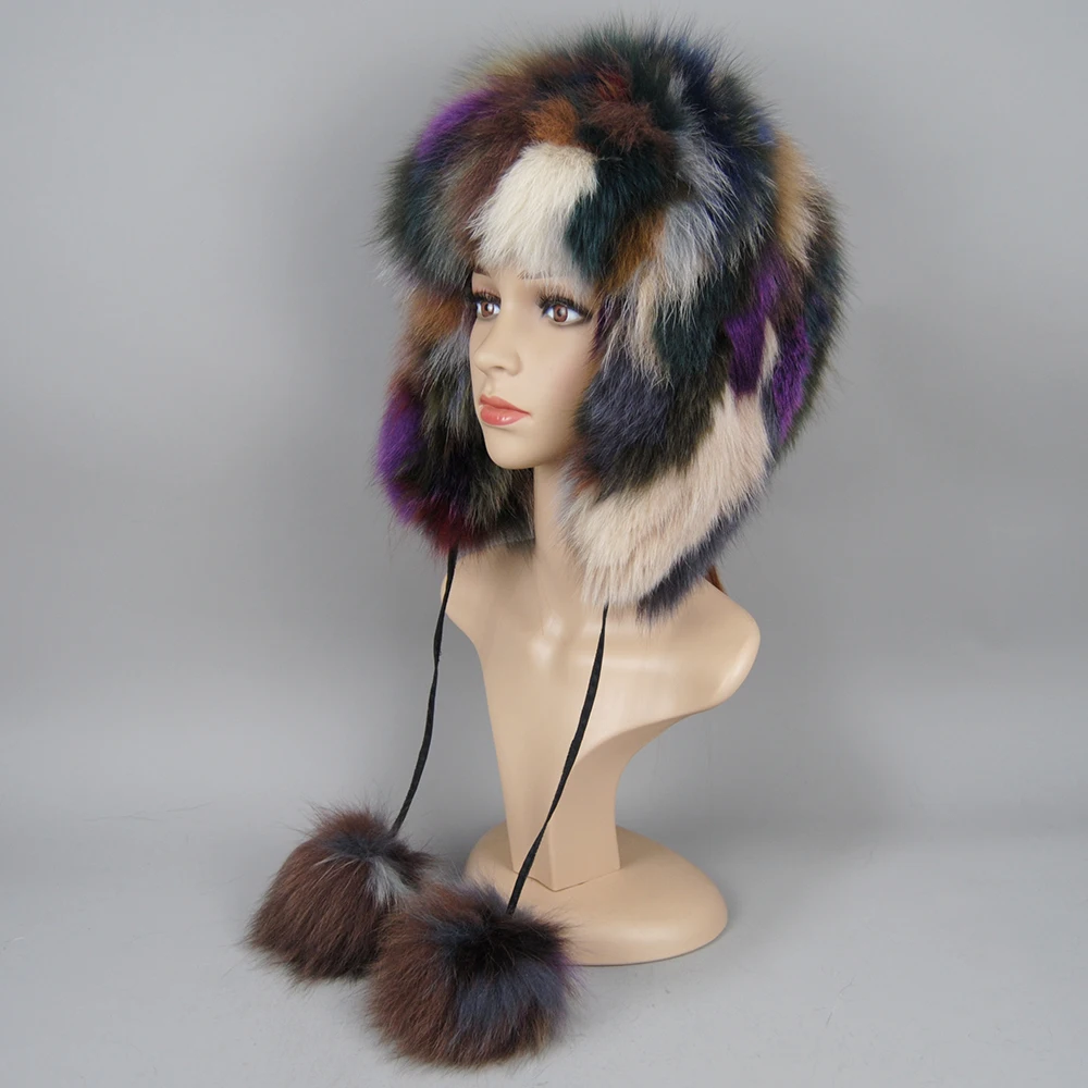 Winter Fur Hat For Women Hat With Ear Real Fox Fur Caps Russian Luxury Women Bomber Hats Bonnets Trapper Cap Camo Fox Hat