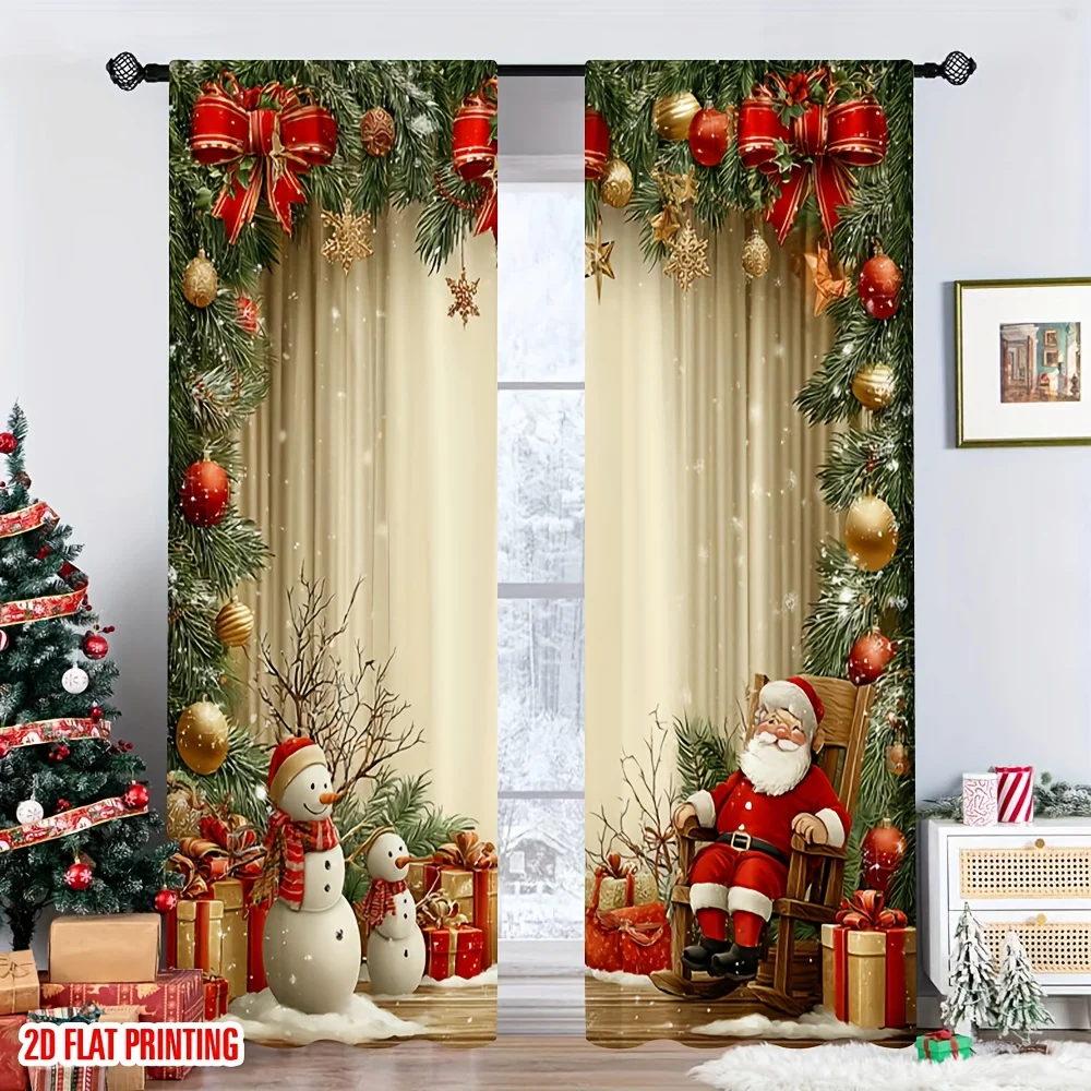 Santa Claus Curtains, Christmas Wreath Gift Box Scene Window Drapes, Xmas Holiday Decor, Blackout Fabric for Living Room Kids