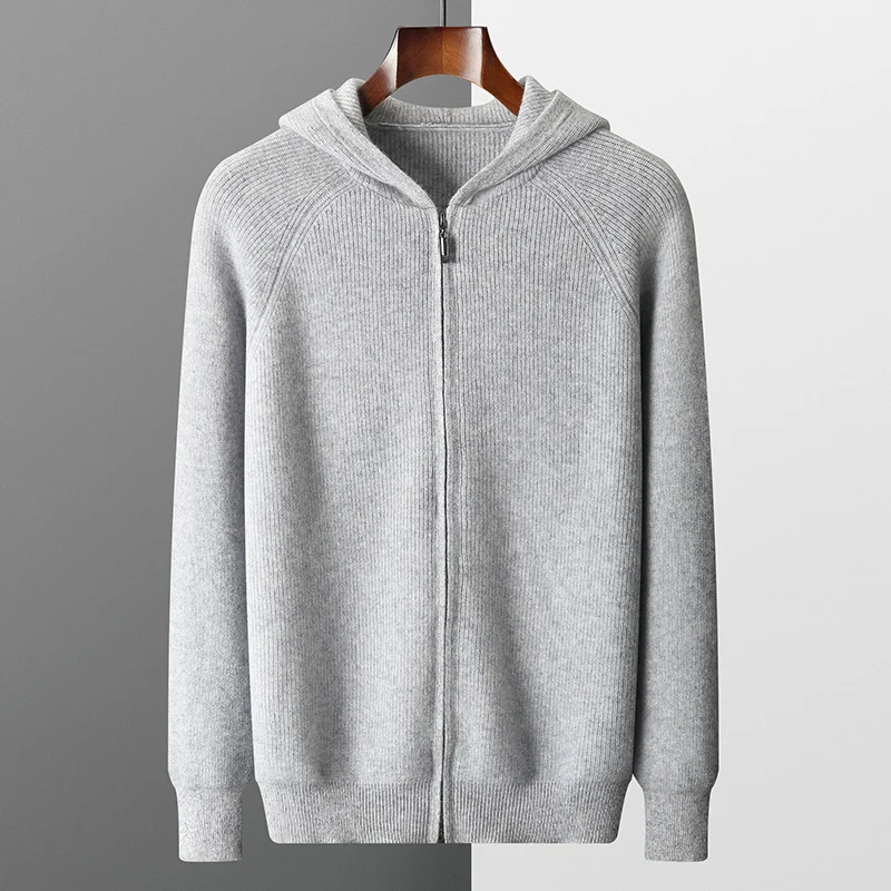 Autunno e inverno 100% cardigan in puro cashmere da uomo con cappuccio con cerniera maglione spesso sciolto plus size cappotto maglione lavorato a maglia di lana